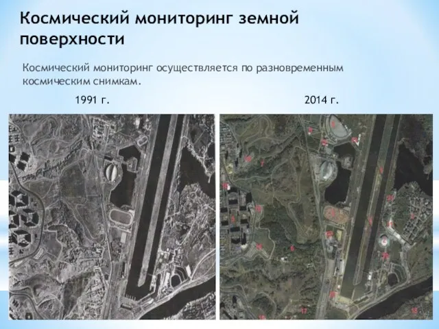 Космический мониторинг земной поверхности Космический мониторинг осуществляется по разновременным космическим снимкам. 1991 г. 2014 г.