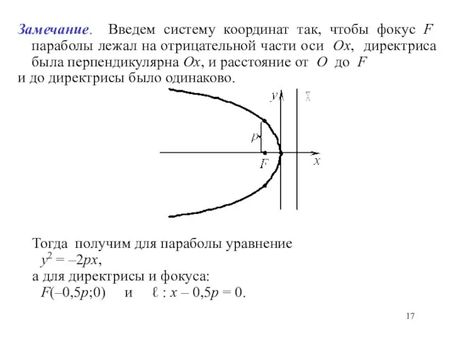 Замечание. Введем систему координат так, чтобы фокус F параболы лежал