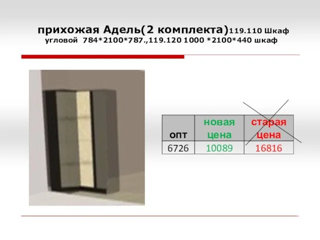 прихожая Адель(2 комплекта)119.110 Шкаф угловой 784*2100*787.,119.120 1000 *2100*440 шкаф