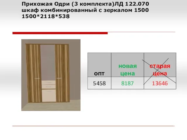 Прихожая Одри (3 комплекта)ЛД 122.070 шкаф комбинированный с зеркалом 1500 1500*2118*538