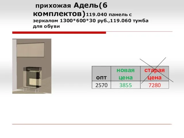 прихожая Адель(6 комплектов)119.040 панель с зеркалом 1300*600*30 руб.,119.060 тумба для обуви