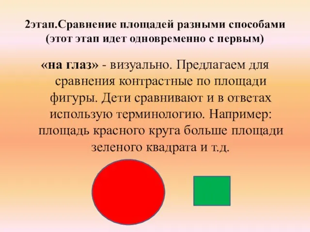 2этап.Сравнение площадей разными способами(этот этап идет одновременно с первым) «на