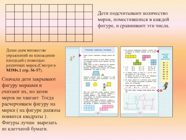 Дети подсчитывают количество мерок, поместившихся в каждой фигуре, и сравнивают