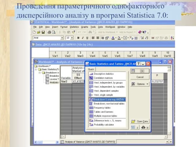 Проведення параметричного однофакторного дисперсійного аналізу в програмі Statistica 7.0: