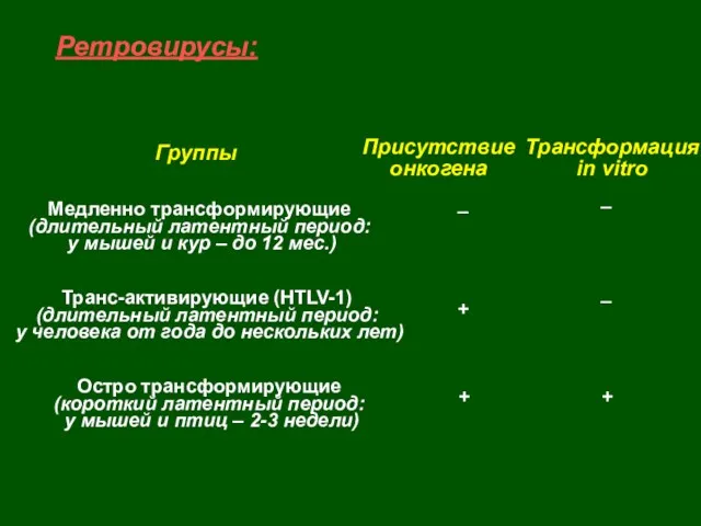 Ретровирусы: Присутствие онкогена Трансформация in vitro Медленно трансформирующие (длительный латентный