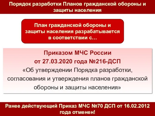 Приказом МЧС России от 27.03.2020 года №216-ДСП «Об утверждении Порядка