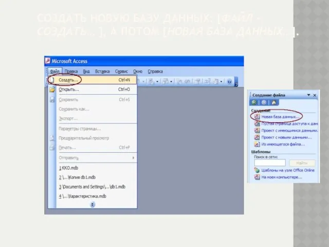 СОЗДАТЬ НОВУЮ БАЗУ ДАННЫХ: [ФАЙЛ - СОЗДАТЬ… ], А ПОТОМ [НОВАЯ БАЗА ДАННЫХ…].