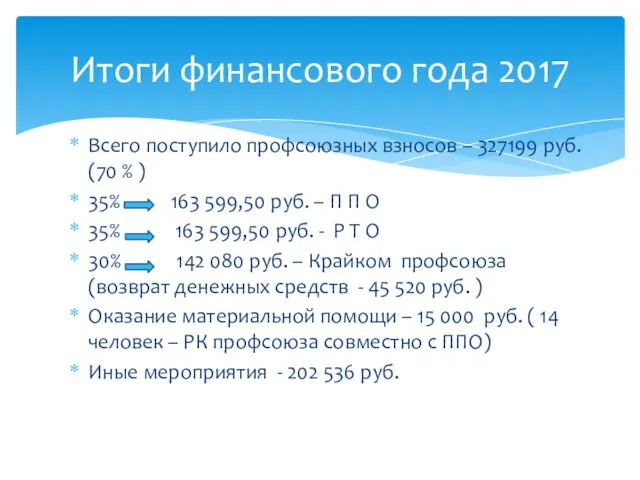 Всего поступило профсоюзных взносов – 327199 руб. (70 % )