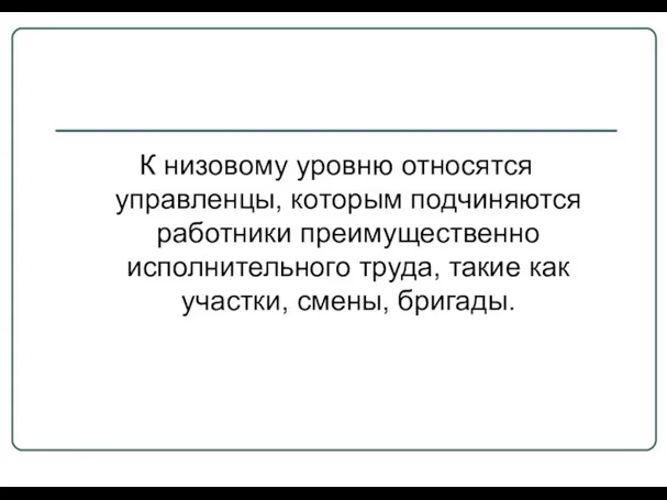 К низовому уровню относятся управленцы, которым подчиняются работники преимущественно исполнительного труда, такие как участки, смены, бригады.