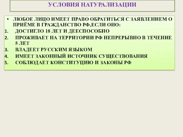 УСЛОВИЯ НАТУРАЛИЗАЦИИ ЛЮБОЕ ЛИЦО ИМЕЕТ ПРАВО ОБРАТИТЬСЯ С ЗАЯВЛЕНИЕМ О