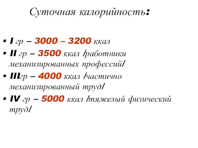 Суточная калорийность: I гр – 3000 – 3200 ккал II