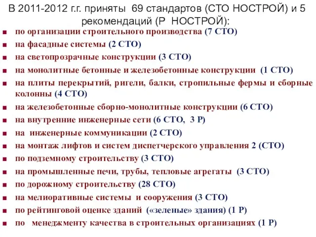 В 2011-2012 г.г. приняты 69 стандартов (СТО НОСТРОЙ) и 5