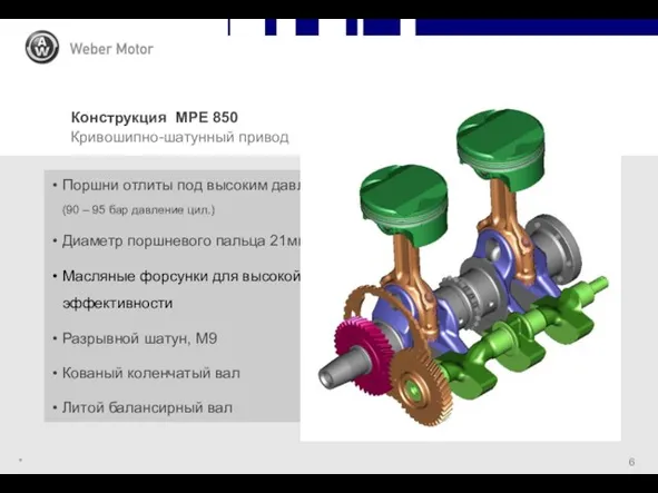 * Конструкция MPE 850 Кривошипно-шатунный привод Поршни отлиты под высоким