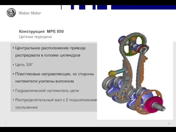 * Конструкция MPE 850 Цепная передача Центральное расположение привода распредвала в головке цилиндров