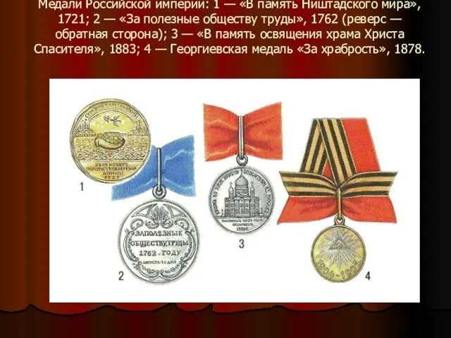 Медали Российской империи: 1 — «В память Ништадского мира», 1721;