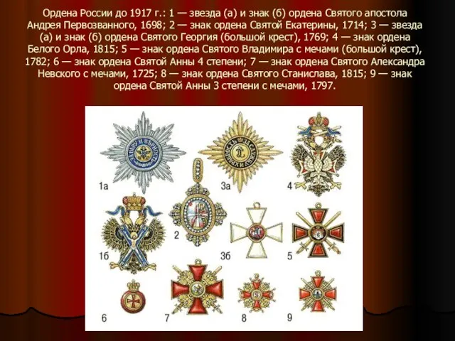 Ордена России до 1917 г.: 1 — звезда (а) и