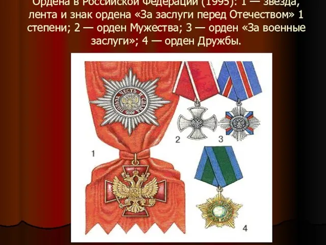 Ордена в Российской Федерации (1995): 1 — звезда, лента и