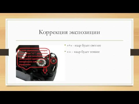 Коррекция экспозиции «+» - кадр будет светлее «-» – кадр будет темнее