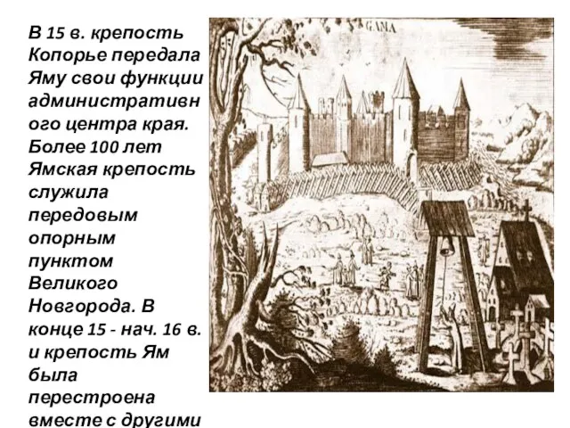 В 15 в. крепость Копорье передала Яму свои функции административного центра края. Более