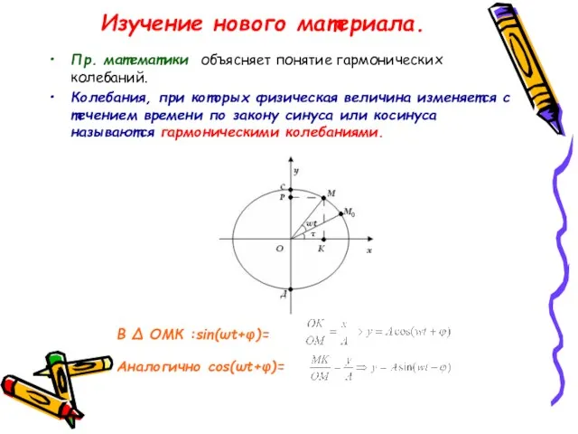 Изучение нового материала. Пр. математики объясняет понятие гармонических колебаний. Колебания,