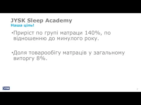 JYSK Sleep Academy Наша ціль! Приріст по групі матраци 140%,