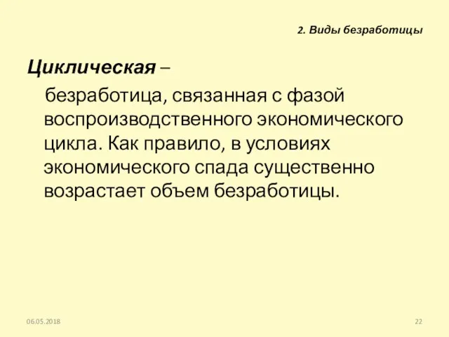 Циклическая – безработица, связанная с фазой воспроизводственного экономического цикла. Как