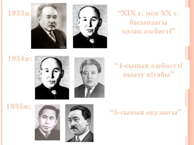 1933ж: “XIX ғ. мен ХХ ғ. басындағы қазақ әдебиеті” 1934ж: