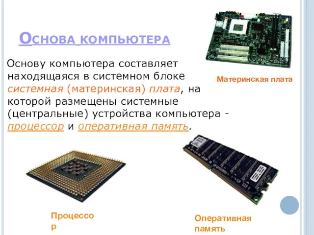 Основа компьютера Основу компьютера составляет находящаяся в системном блоке системная (материнская) плата, на