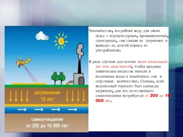 Человечество, потребляя воду для своих нужд – агрокультурных, промышленных, санитарных, тем самым ее