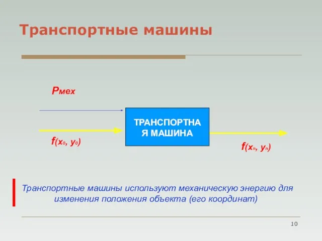 Транспортные машины ТРАНСПОРТНАЯ МАШИНА Рмех f(x0, y0) f(xn, yn) Транспортные