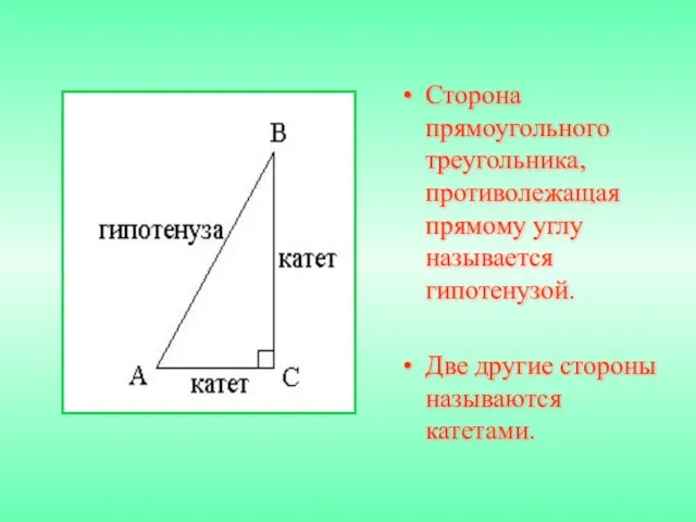 Сторона прямоугольного треугольника, противолежащая прямому углу называется гипотенузой. Две другие стороны называются катетами.