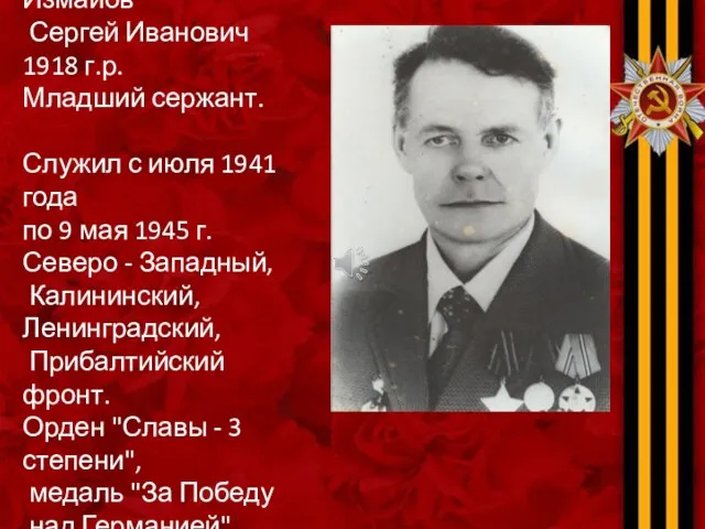 Измайов Сергей Иванович 1918 г.р. Младший сержант. Служил с июля