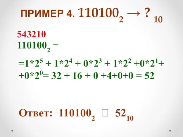 ПРИМЕР 4. 1101002 → ? 10 1101002 = =1*25 +