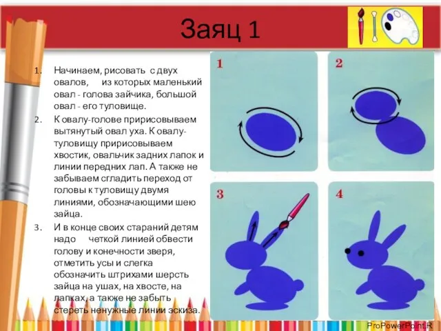 Заяц 1 Начинаем, рисовать с двух овалов, из которых маленький