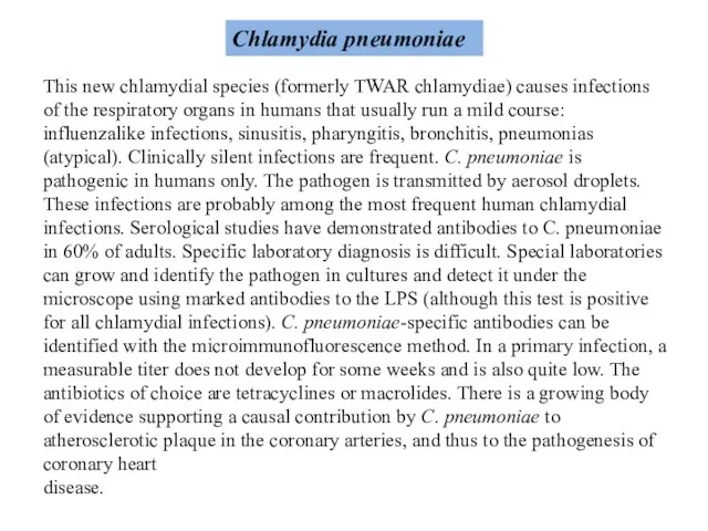 Chlamydia pneumoniae This new chlamydial species (formerly TWAR chlamydiae) causes