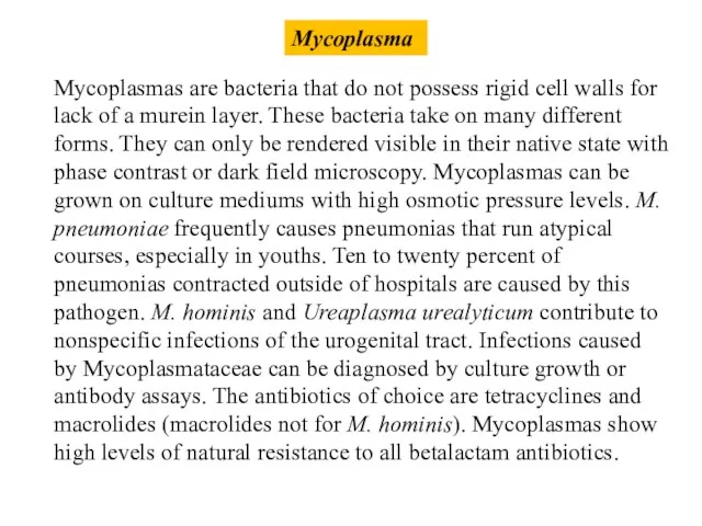 Mycoplasma Mycoplasmas are bacteria that do not possess rigid cell walls for lack