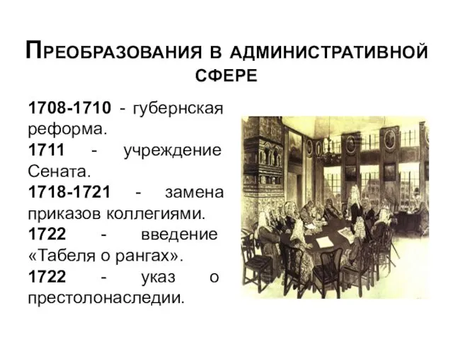 Преобразования в административной сфере 1708-1710 - губернская реформа. 1711 -