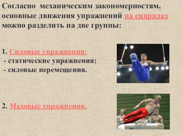 Согласно механическим закономерностям, основные движения упражнений на снарядах можно разделить