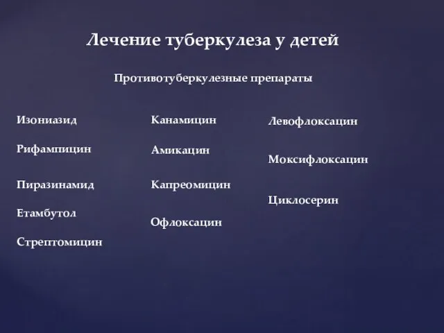 Противотуберкулезные препараты Лечение туберкулеза у детей Изониазид Рифампицин Пиразинамид Етамбутол