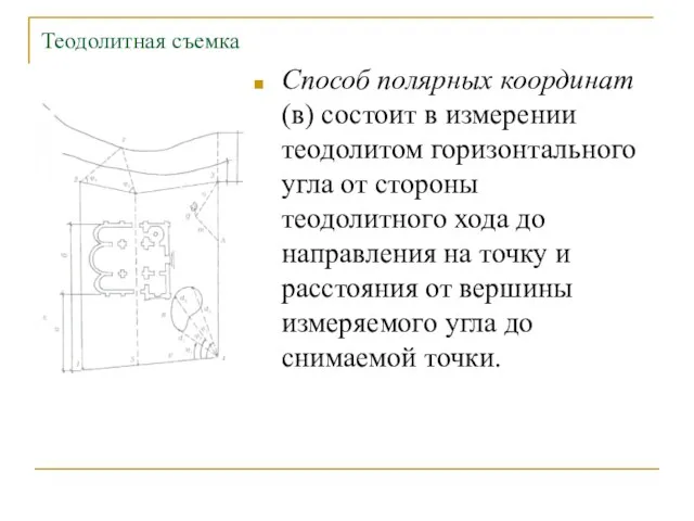 Теодолитная съемка Способ полярных координат (в) состоит в измерении теодолитом горизонтального угла от