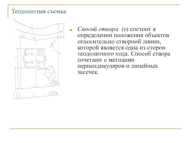 Теодолитная съемка Способ створа (е) состоит в определении положения объектов