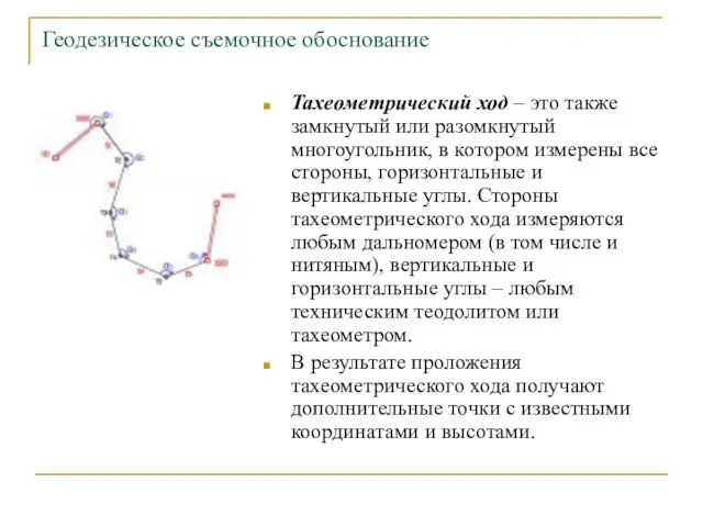 Геодезическое съемочное обоснование Тахеометрический ход – это также замкнутый или разомкнутый многоугольник, в