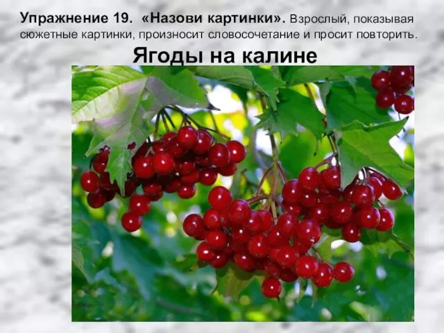 Упражнение 19. «Назови картинки». Взрослый, показывая сюжетные картинки, произносит словосочетание