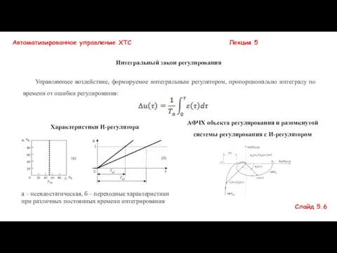 Управляющее воздействие, формируемое интегральным регуля­тором, пропорционально интегралу по времени от