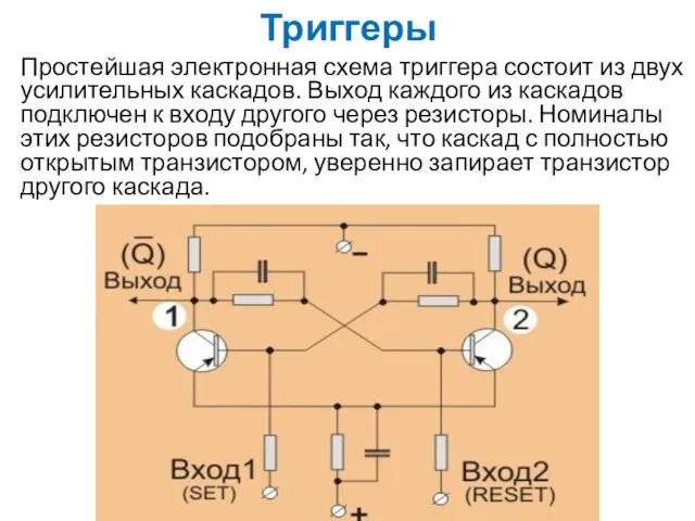 Триггеры Простейшая электронная схема триггера состоит из двух усилительных каскадов.