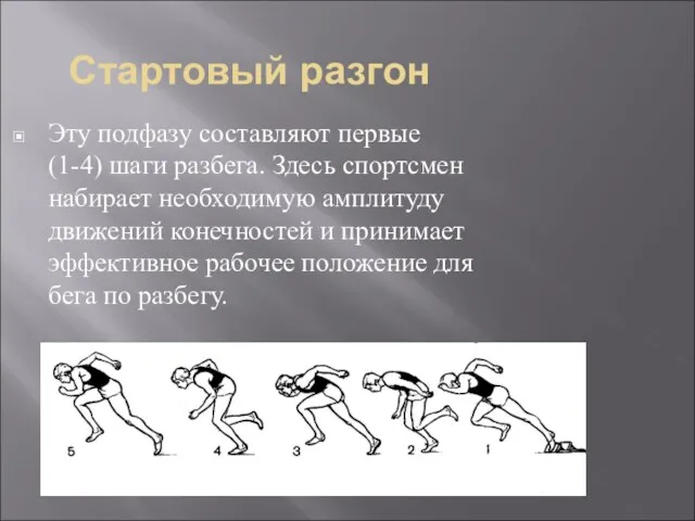 Стартовый разгон Эту подфазу составляют первые (1-4) шаги разбега. Здесь