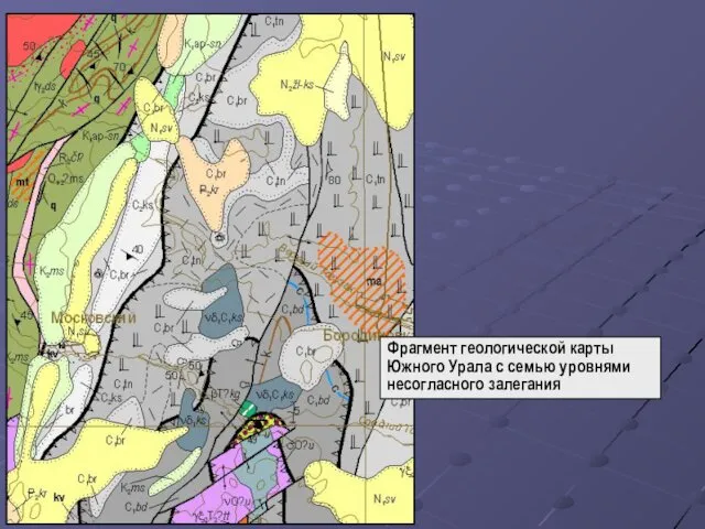 Фрагмент геологической карты Южного Урала с семью уровнями несогласного залегания