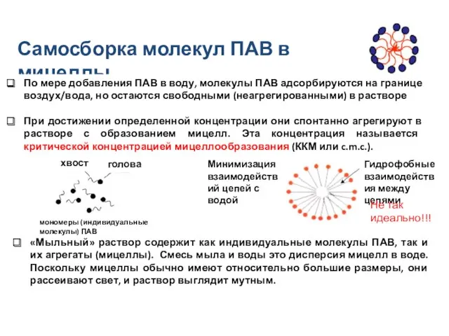 Самосборка молекул ПАВ в мицеллы По мере добавления ПАВ в