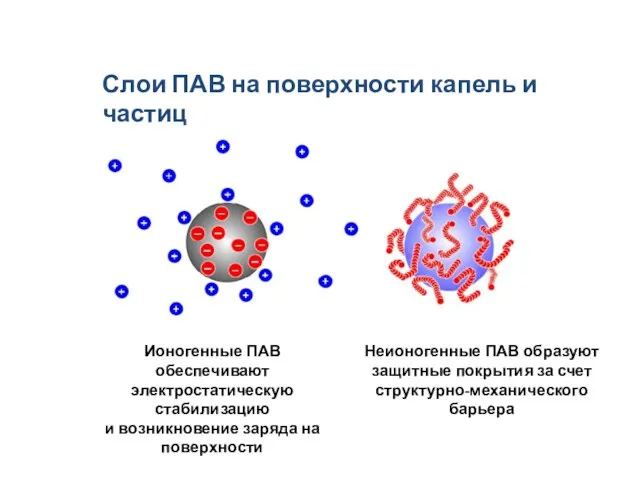 Слои ПАВ на поверхности капель и частиц Ионогенные ПАВ обеспечивают