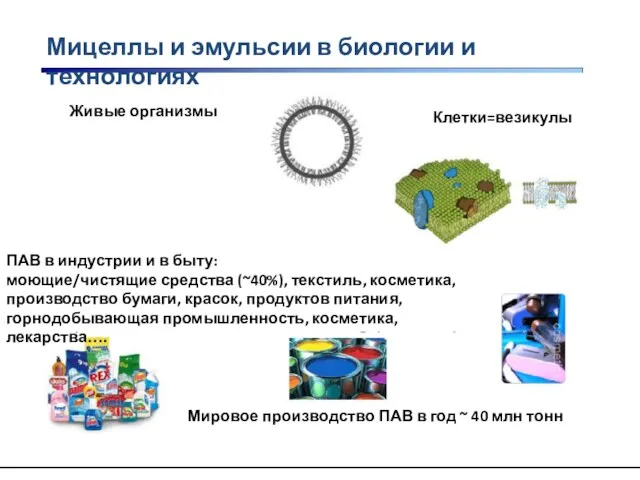 Мицеллы и эмульсии в биологии и технологиях Живые организмы Клетки=везикулы